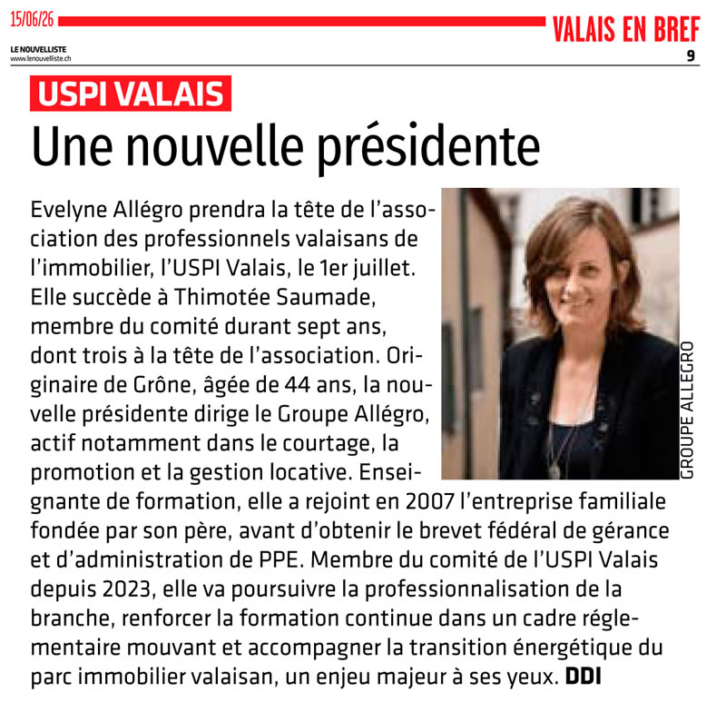 Félicitations à notre directrice pour sa nomination à la présidence de l'USPI Valais !